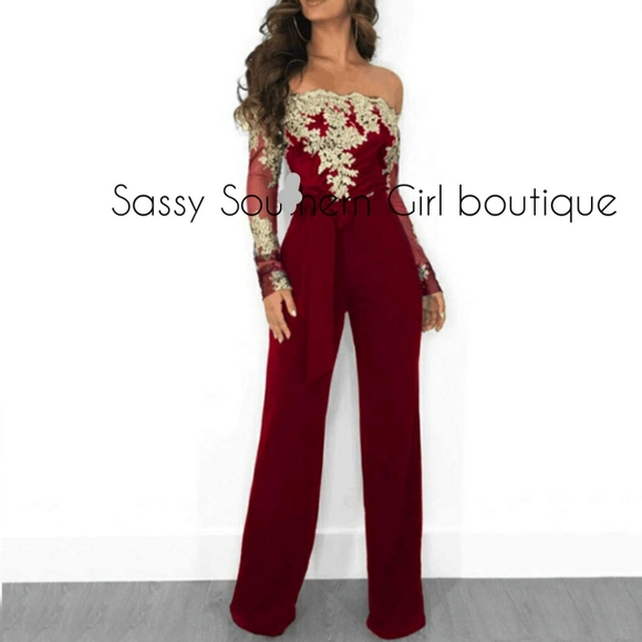 🆕⭐ Wine red gold lace off shoulder jumpsuit - Picture 2 of 9